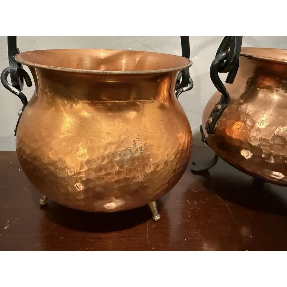 VTG Set Of 2 Hammered Copper Pot Cauldron Germany Bail Wrought Iron Handles Feet